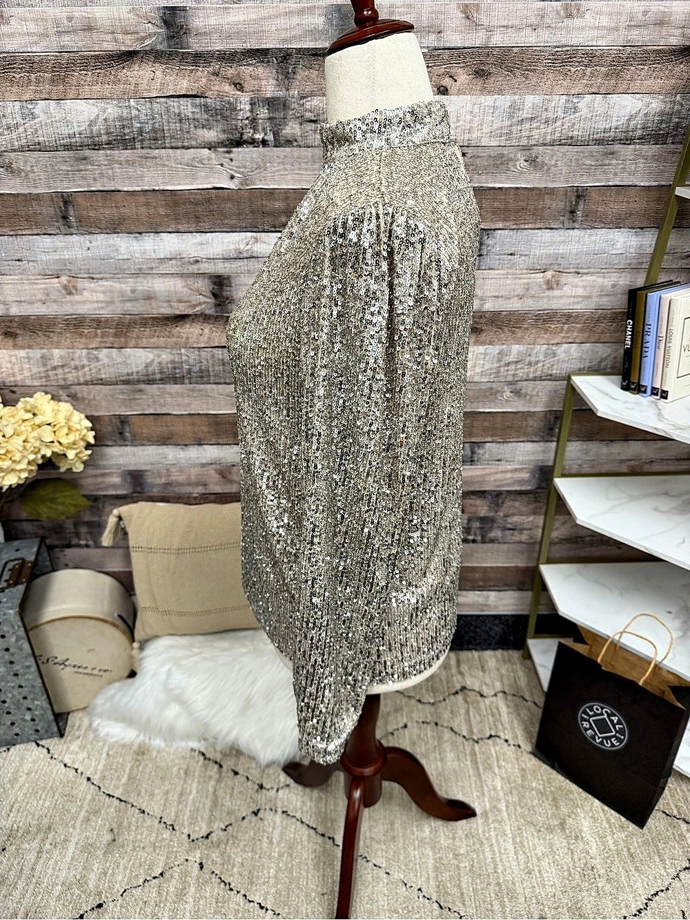 CABLE & GAUGE Gold Sequin Long Sleeve Blouse - Picture 3 of 5